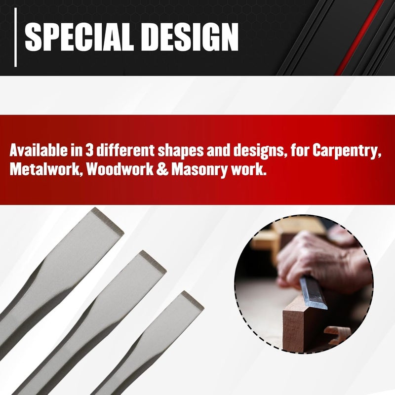 ct 3-Piece Heavy Duty All Purpose Cold Chisels Kit, 3/8, 1/2, 5/8 in, for Carpentry, Metalwork, Woodwork & Masonry work - Image 2